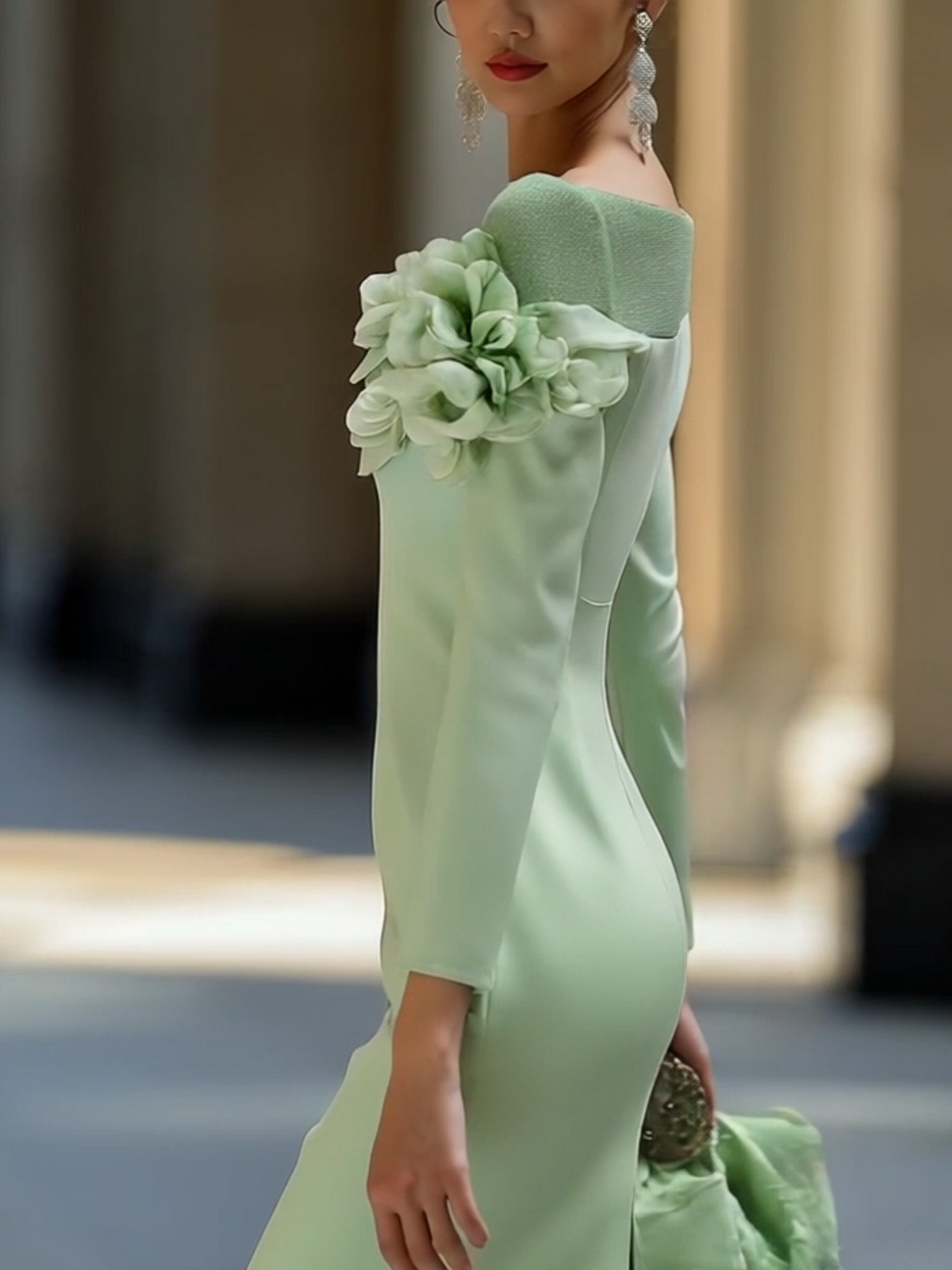 24-Hour-Shipping Light Green Midi Pencil Dress With Mesh And 3D Flower Decoration