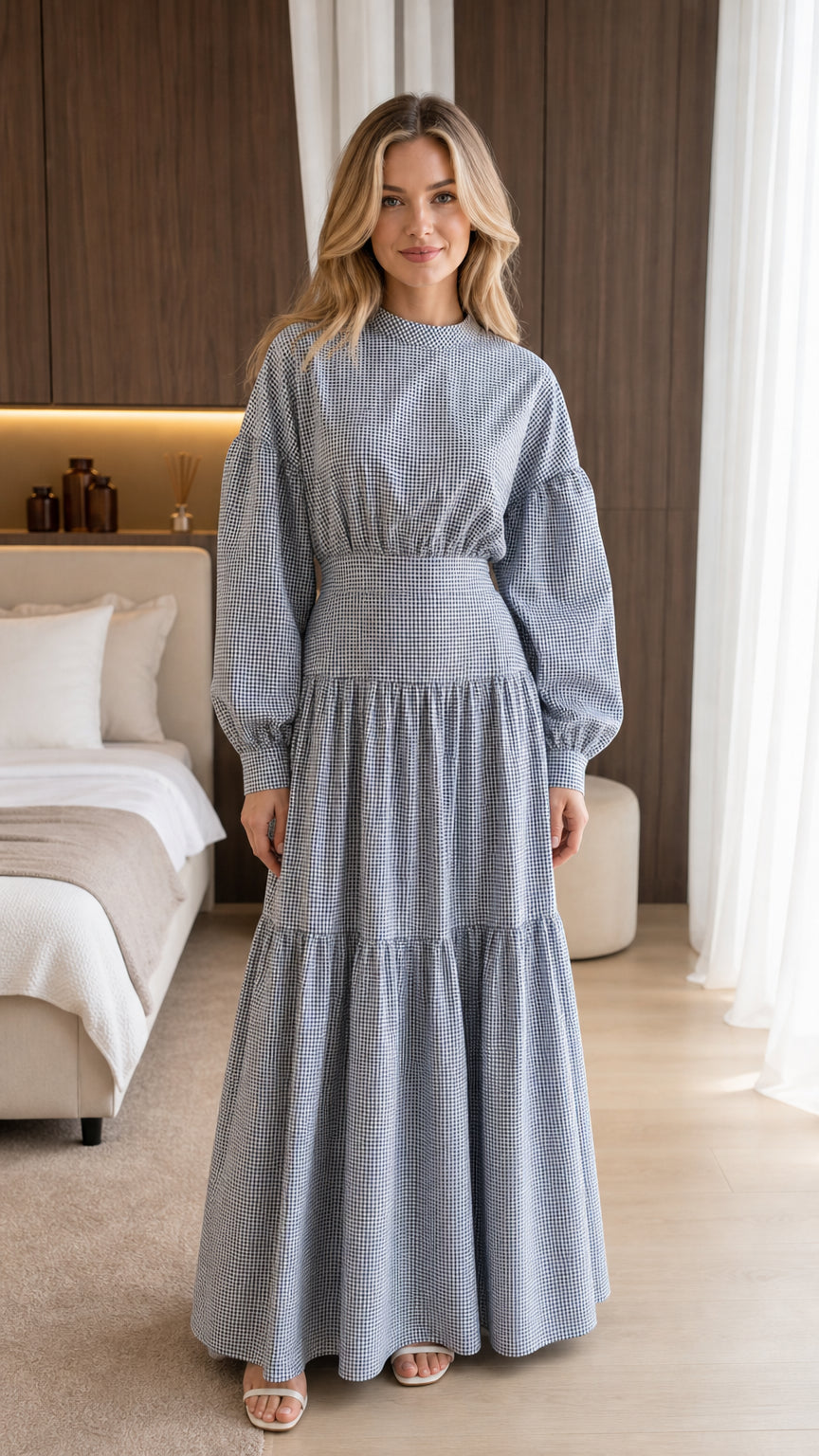 Front view of model wearing blue gingham maxi dress