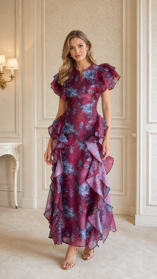 Front view of woman wearing burgundy floral ruffle maxi dress