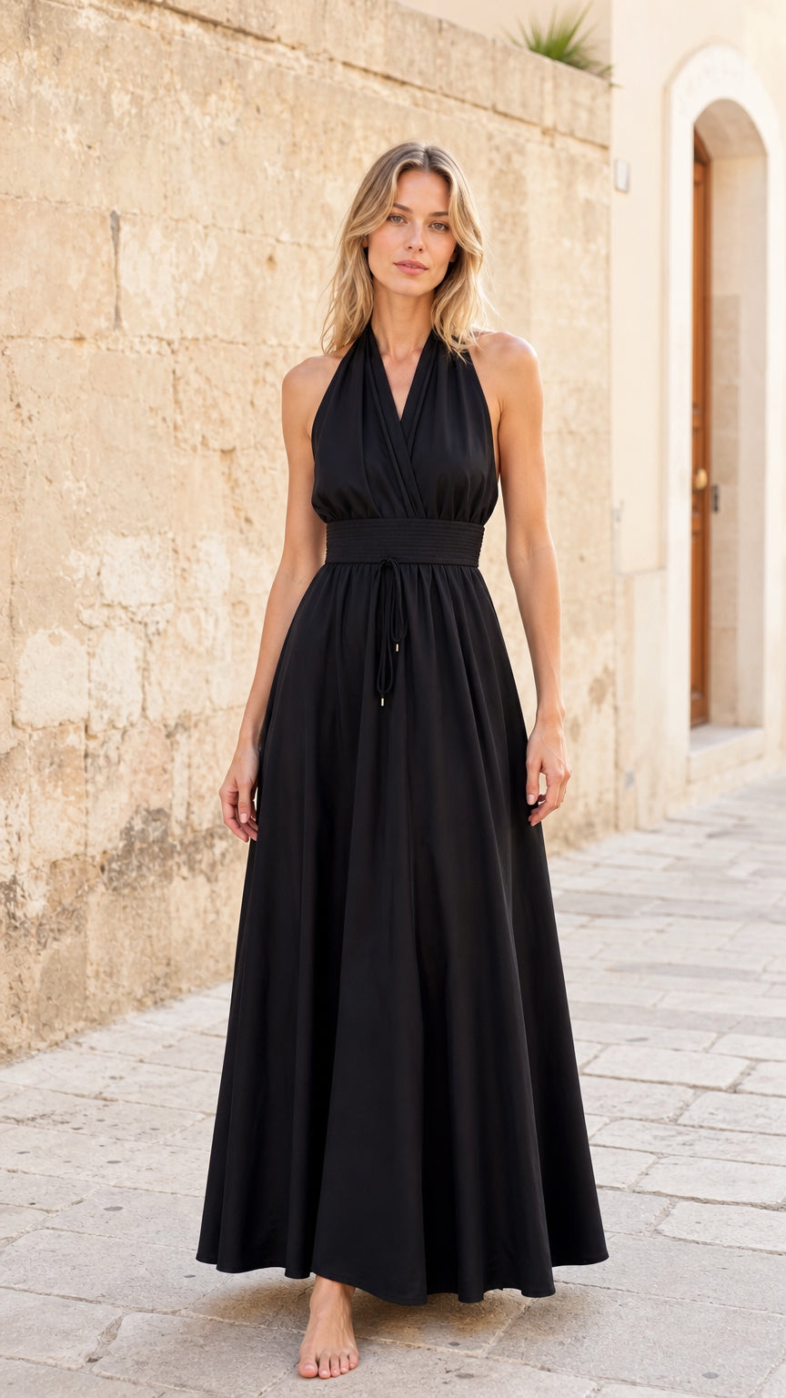 Womens black halter neck maxi dress front view