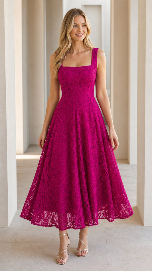 Front full view of a woman wearing a vibrant fuchsia square neck lace midi dress