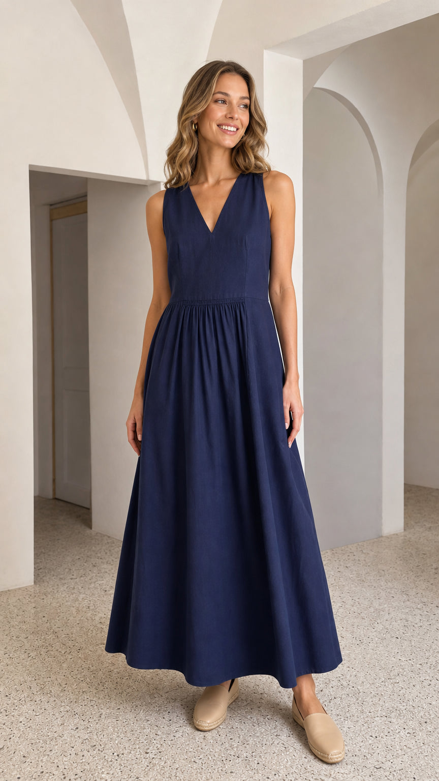 Front view of woman wearing navy V-neck sleeveless maxi dress with flats