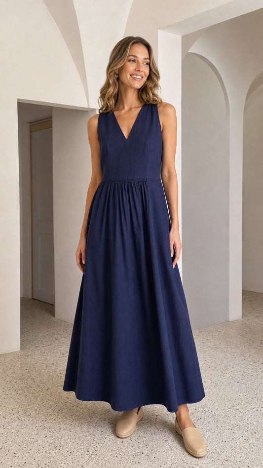 Front view of woman wearing navy V-neck sleeveless maxi dress with flats