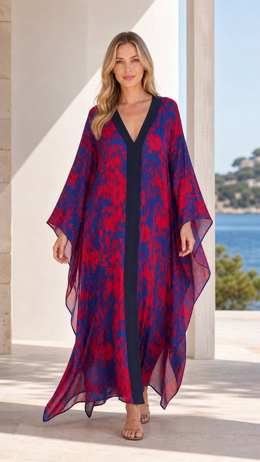 Front view of model wearing blue printed maxi kaftan dress