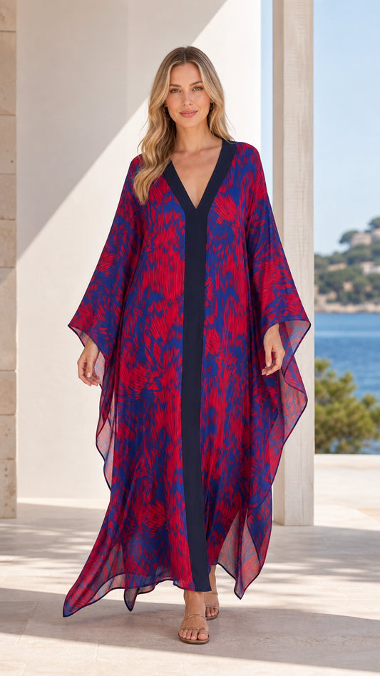 Front view of model wearing blue printed maxi kaftan dress
