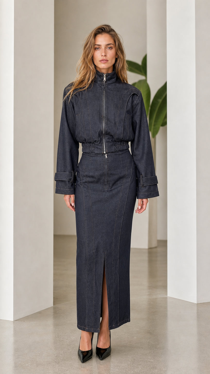 Front view of woman wearing dark denim two-piece set with jacket and maxi skirt