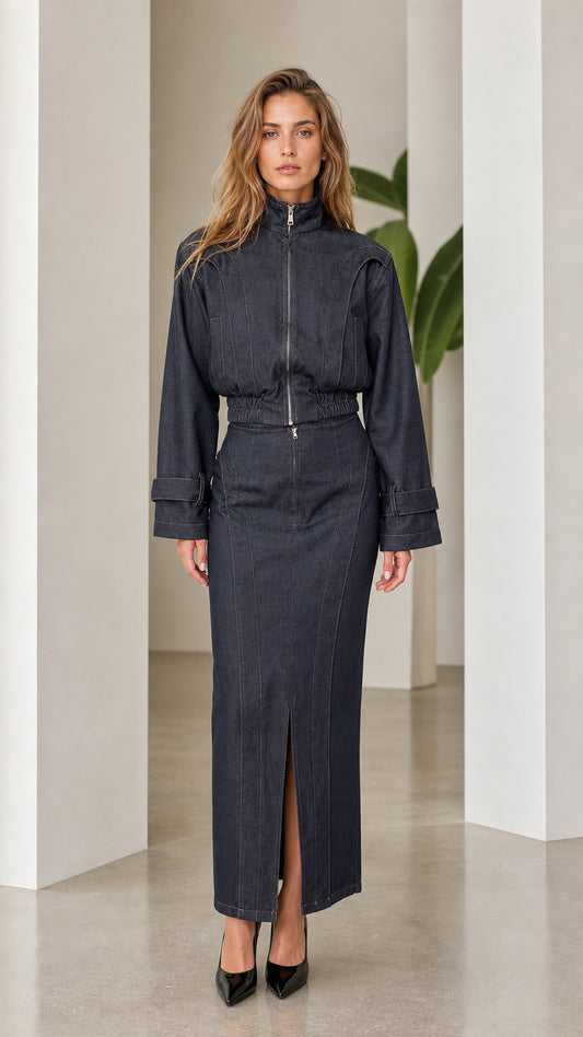 Front view of woman wearing dark denim two-piece set with jacket and maxi skirt
