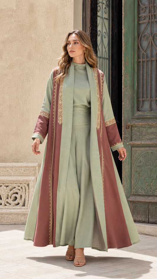 Front full view of sage green 3-piece embroidered abaya set