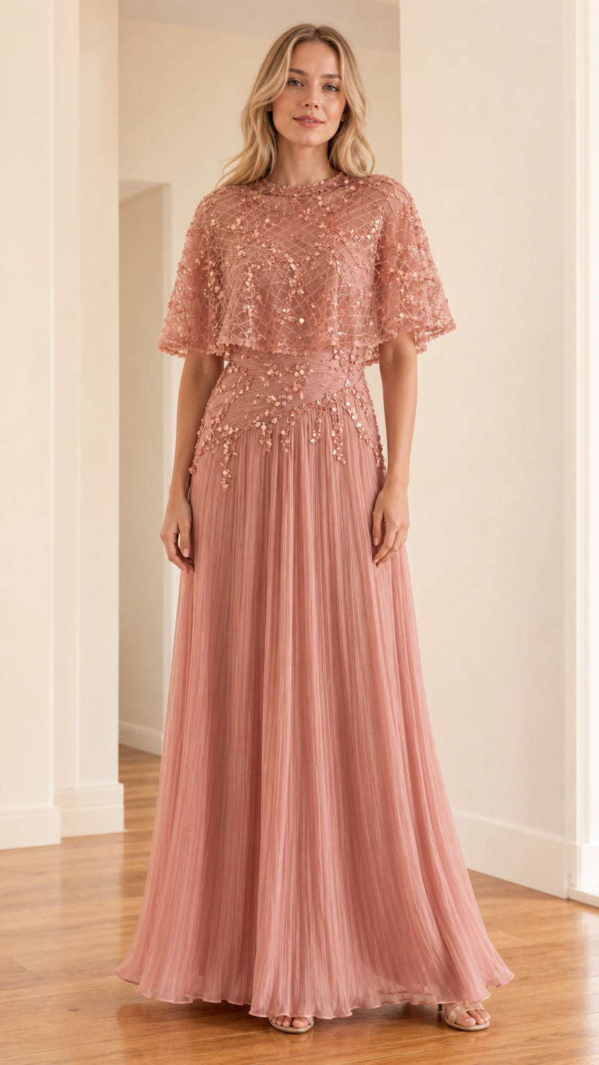 Front view of woman wearing rose pink embellished cape overlay maxi evening dress