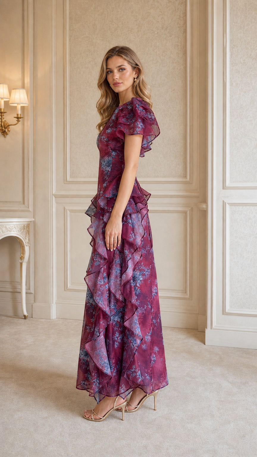 Side profile view of burgundy floral maxi dress with ruffles