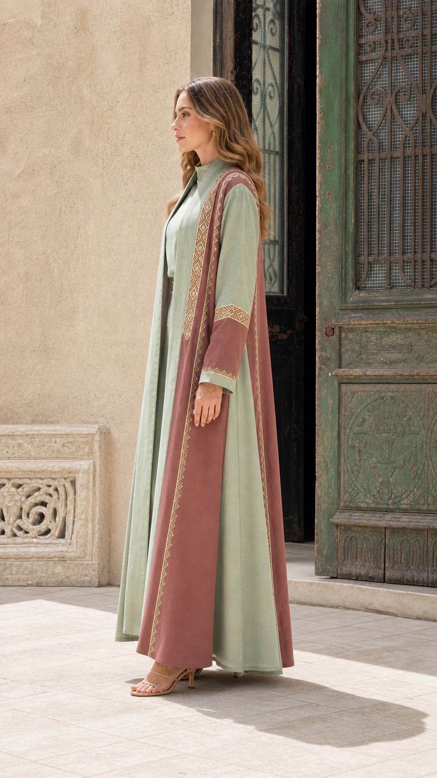 Side profile view of sage green abaya coat and trousers