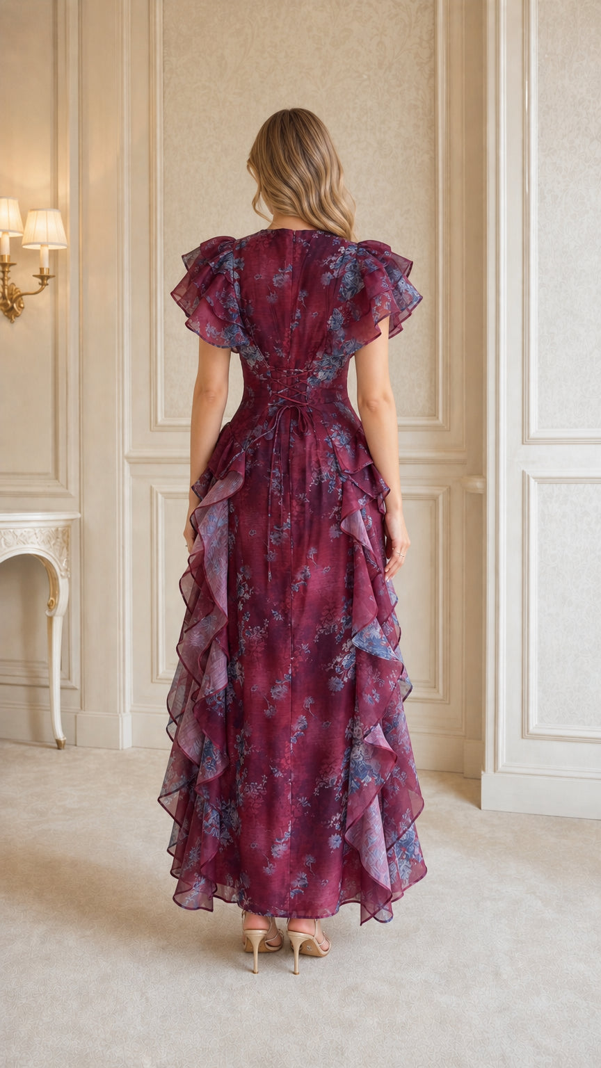 Back view showing lace-up detail on burgundy ruffle maxi dress