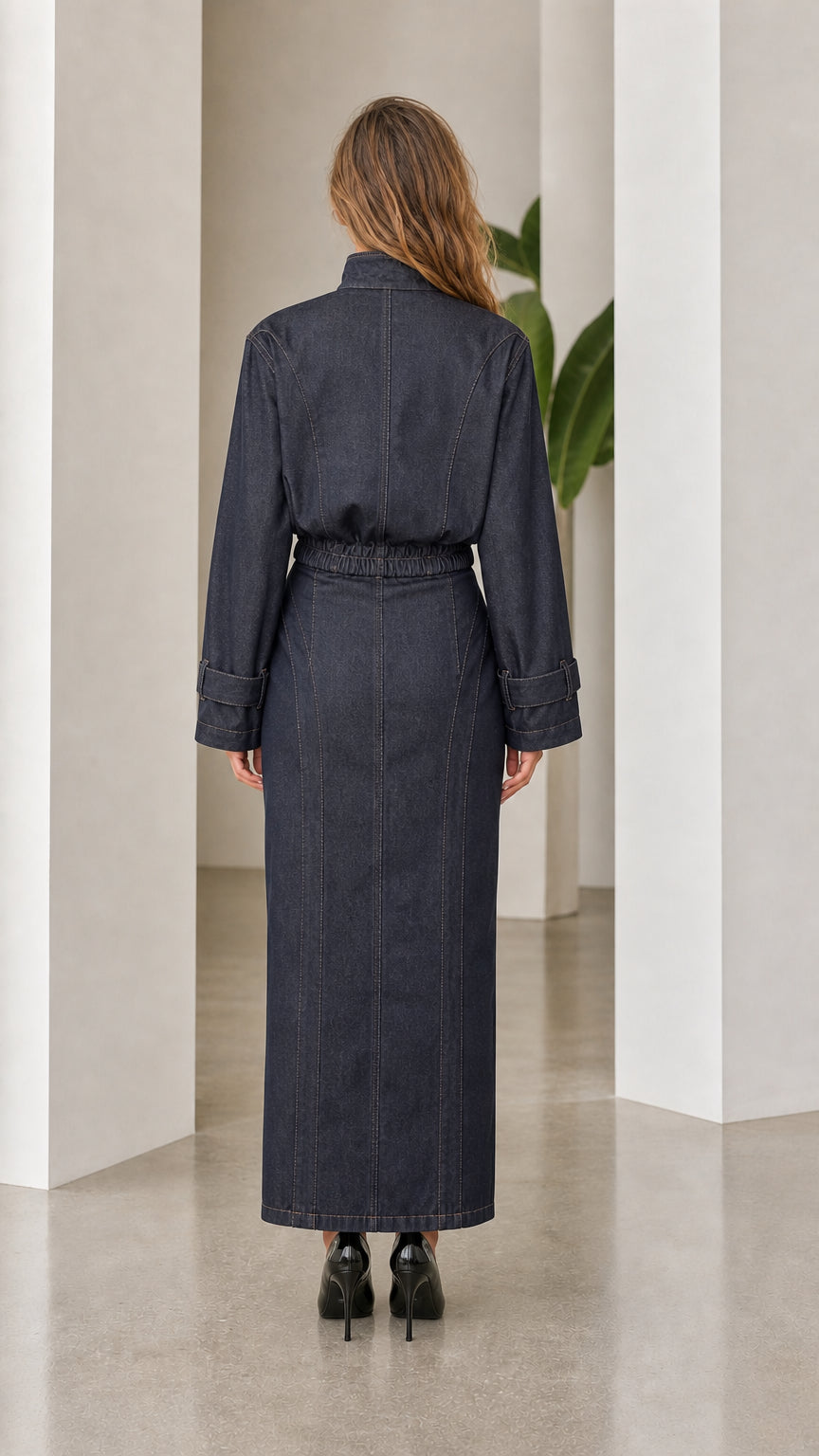 Back view of dark denim jacket and maxi skirt set