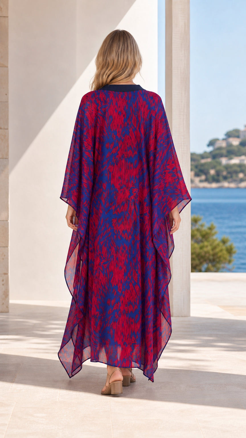 Back view of model wearing blue printed maxi kaftan dress
