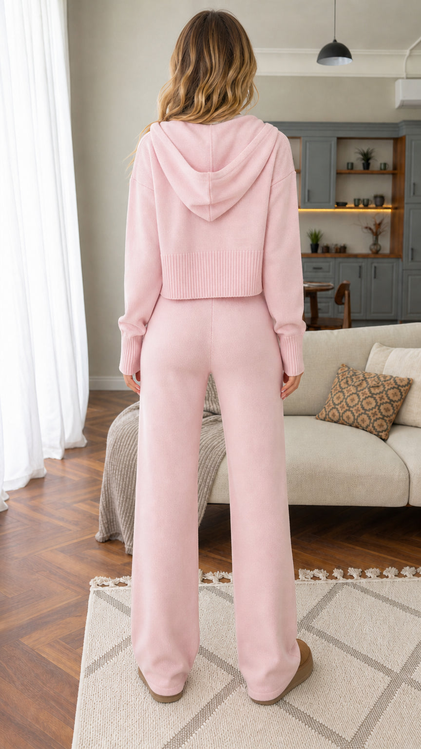 Back view of woman wearing pink knit lounge set