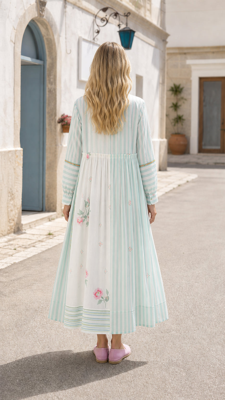 Back view of woman showing flowing drape of sage green maxi dress