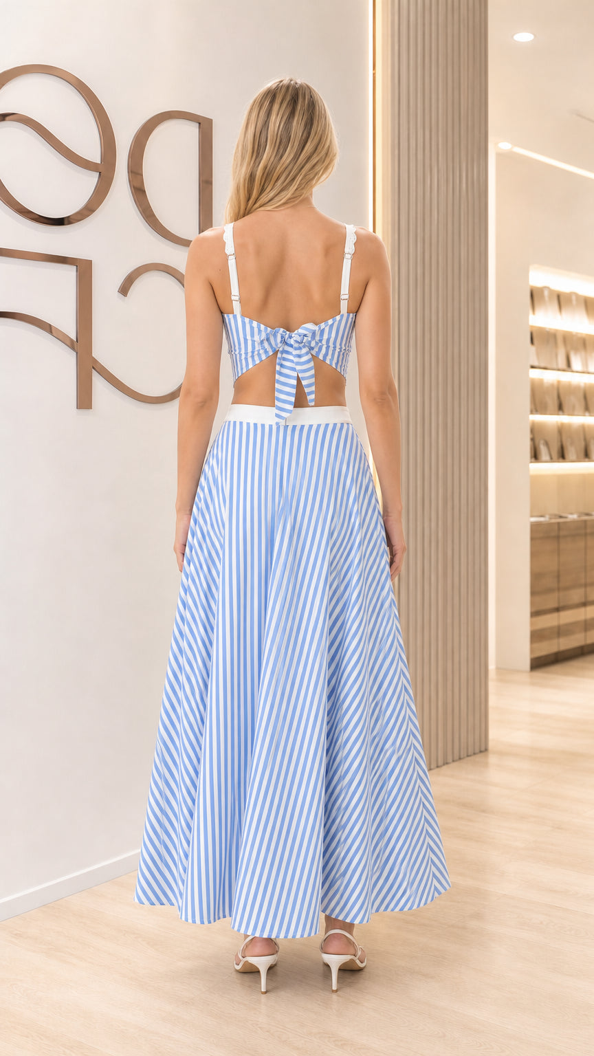 Back view showing the tie detail of the sky blue striped skirt set