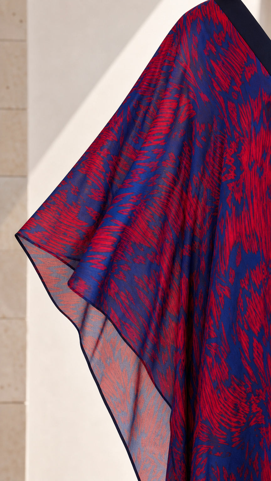 Close up detail of fabric texture and print on blue kaftan