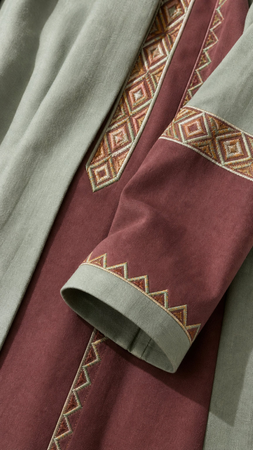 Close-up detail of geometric embroidery on sleeve and lapel