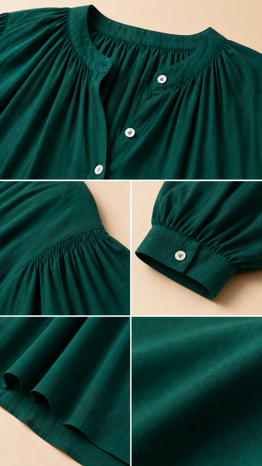 Close-up details of green dress neckline, buttons, and sleeve cuffs
