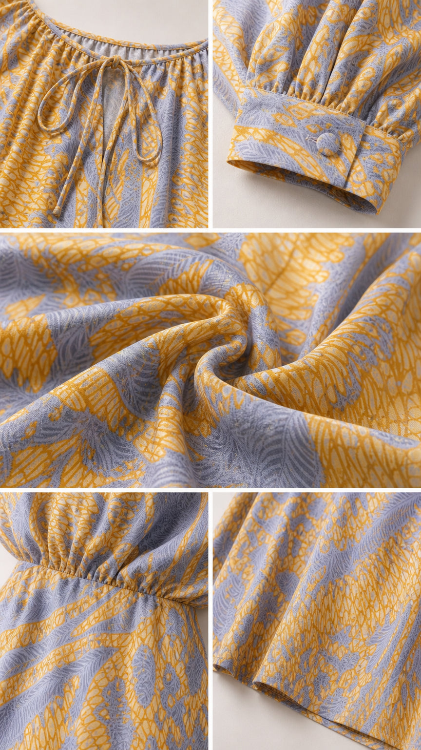 Close-up details of neckline, cuffs, fabric texture, and waistband