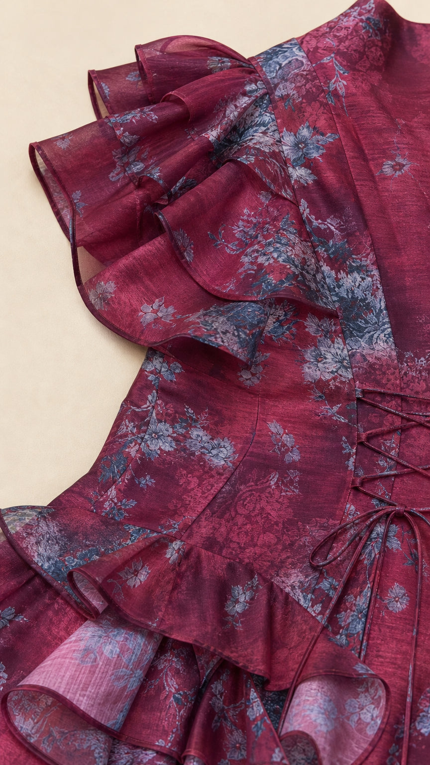 Close-up of fabric texture, floral print, and ruffles on burgundy dress