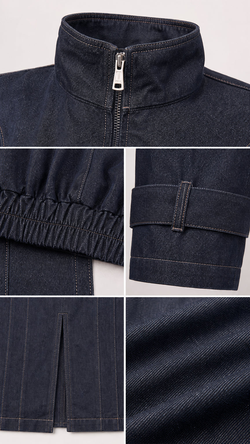 Close-up details of collar, zipper, cuffs, slit, and denim texture