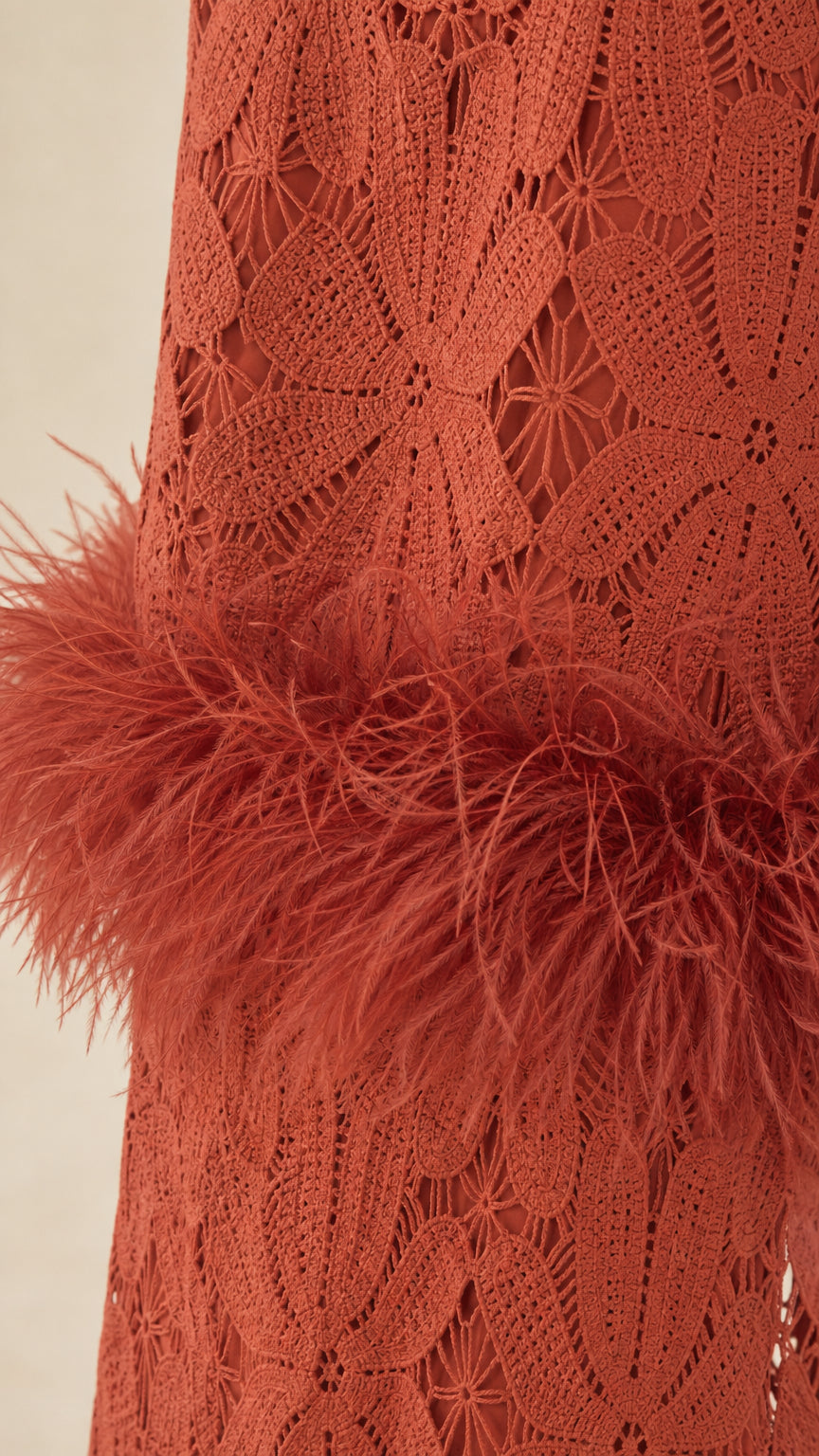 Close-up of rust feather trim and lace pattern