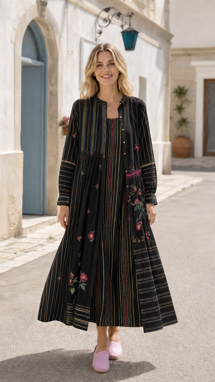 Front view of woman wearing black striped maxi cardigan dress set