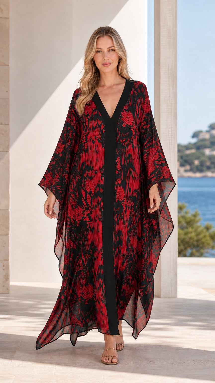 Front view of model wearing red printed maxi kaftan dress