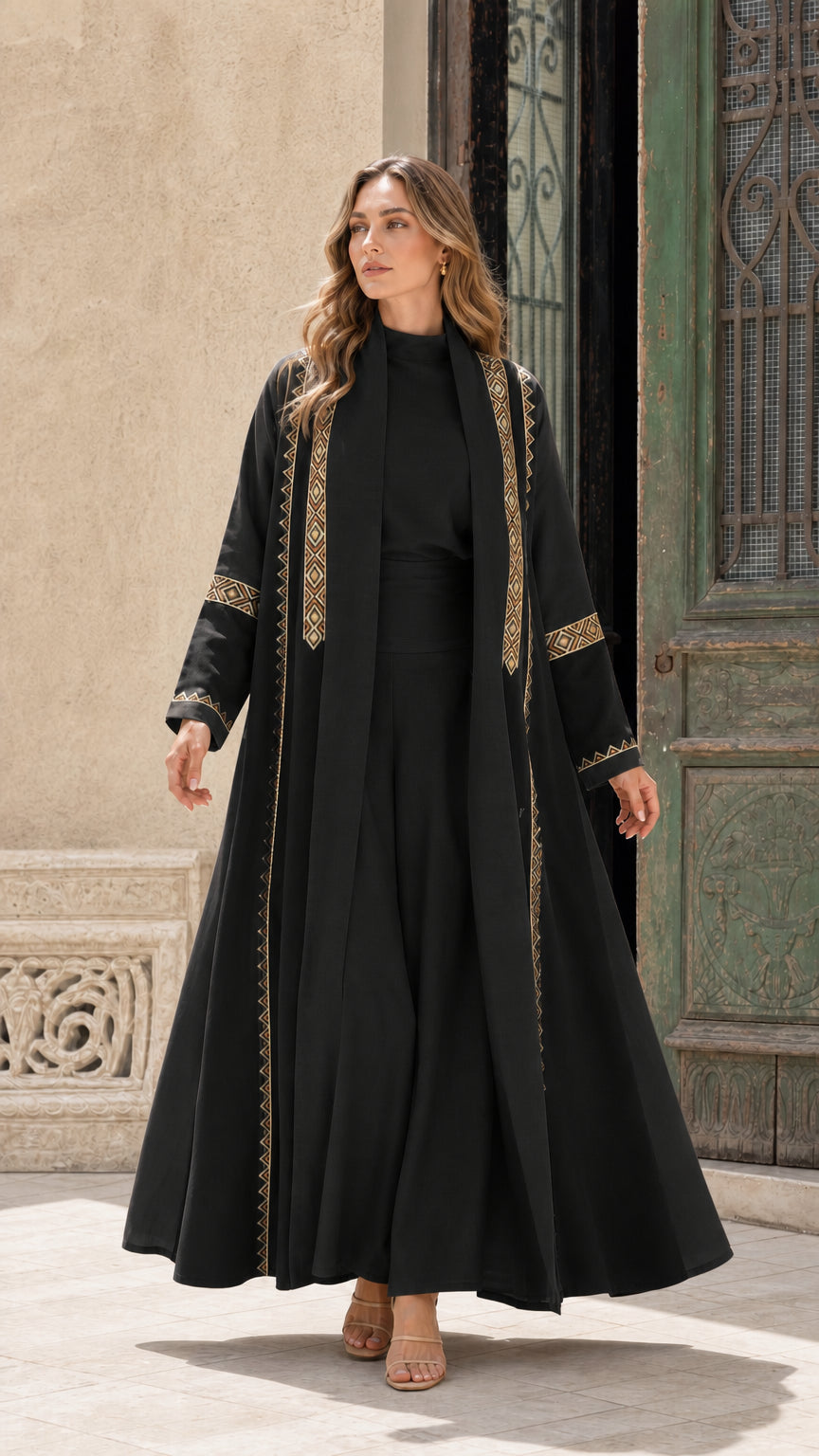 Full view of black 3-piece embroidered abaya set