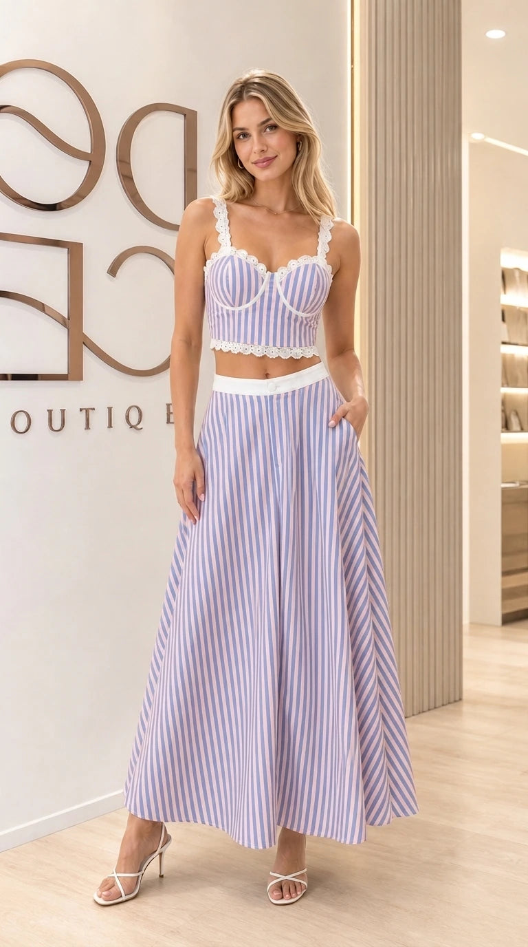 Front view of the lavender striped lace-trim crop top and maxi skirt set