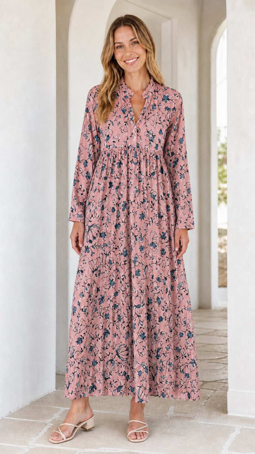Full view of pink floral long sleeve maxi dress