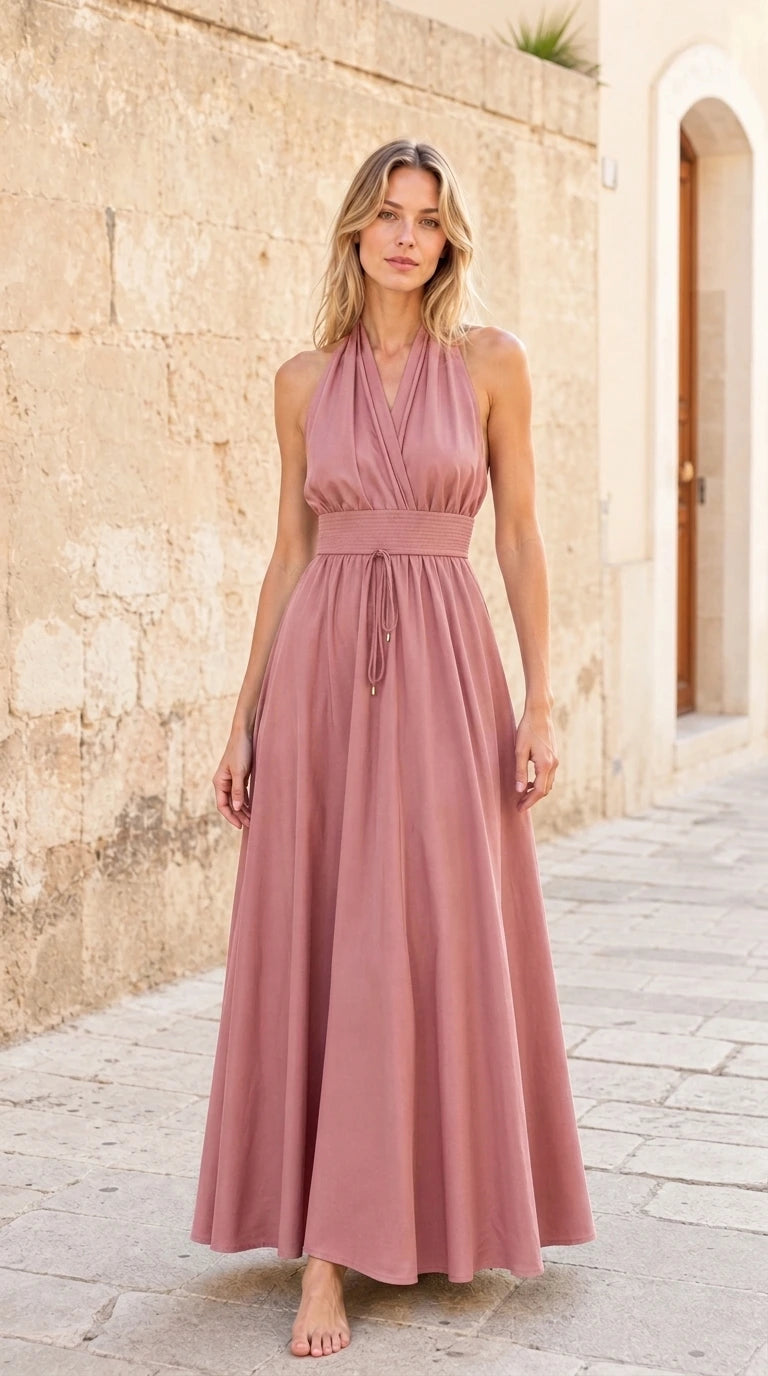 Womens pink halter neck maxi dress