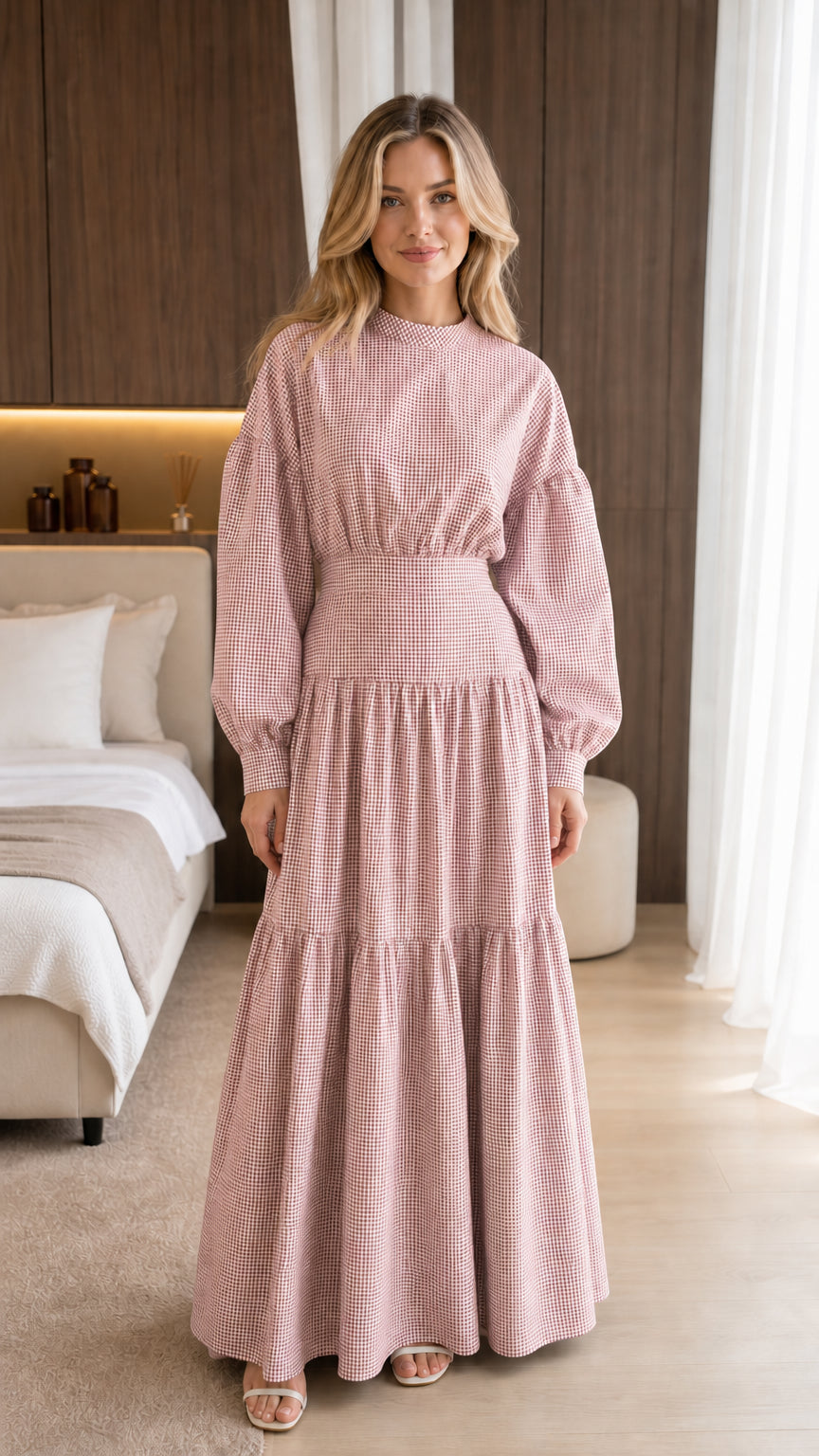 Front view of model wearing pink gingham maxi dress