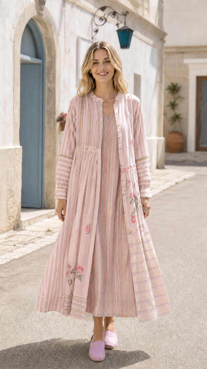 Front view of woman wearing pink striped maxi cardigan dress set
