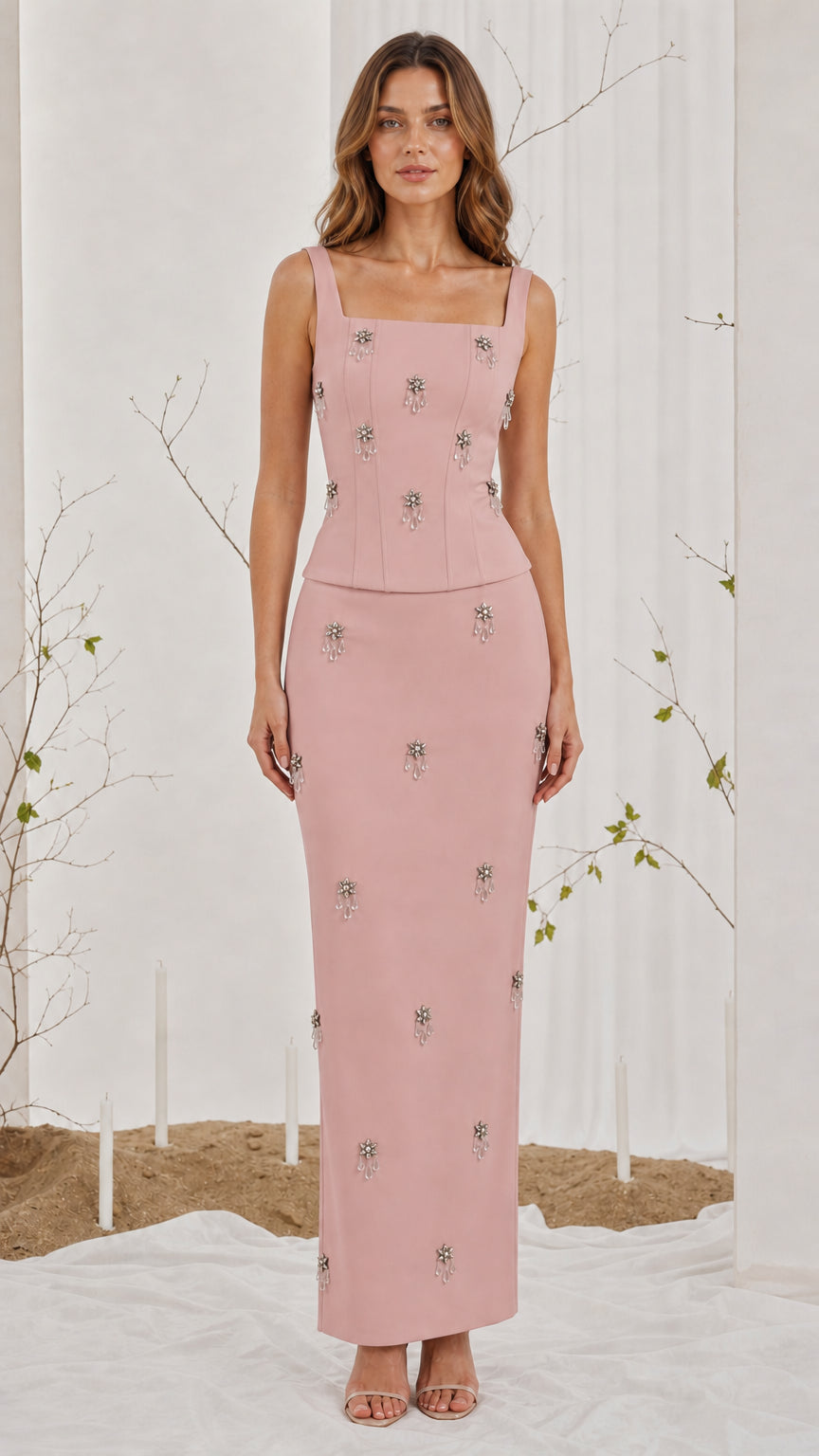 Elegance Embellished Two-Piece Maxi Dress Set in Dusty Pink front view
