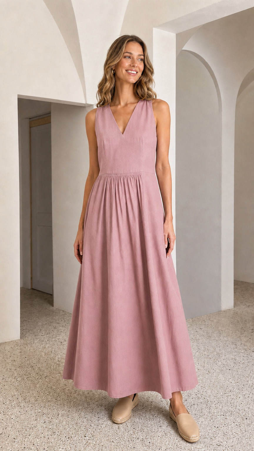 Woman wearing pink V-neck sleeveless maxi dress