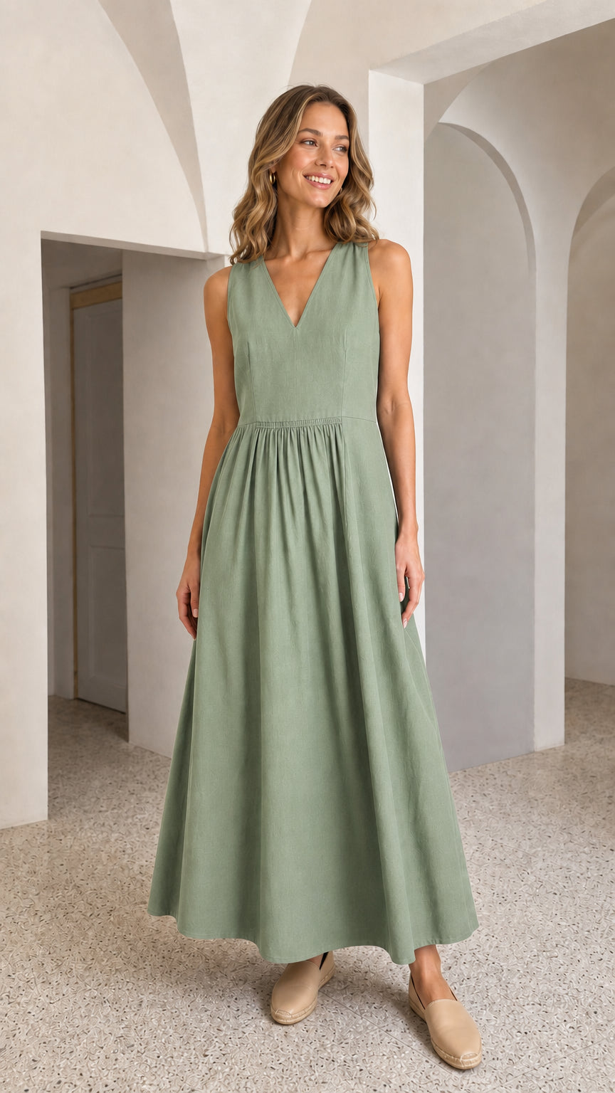 Woman wearing sage green V-neck sleeveless maxi dress