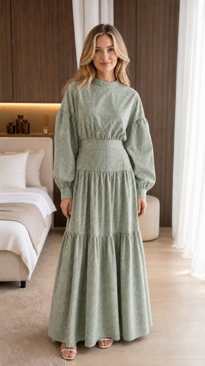 Front view of model wearing sage gingham maxi dress