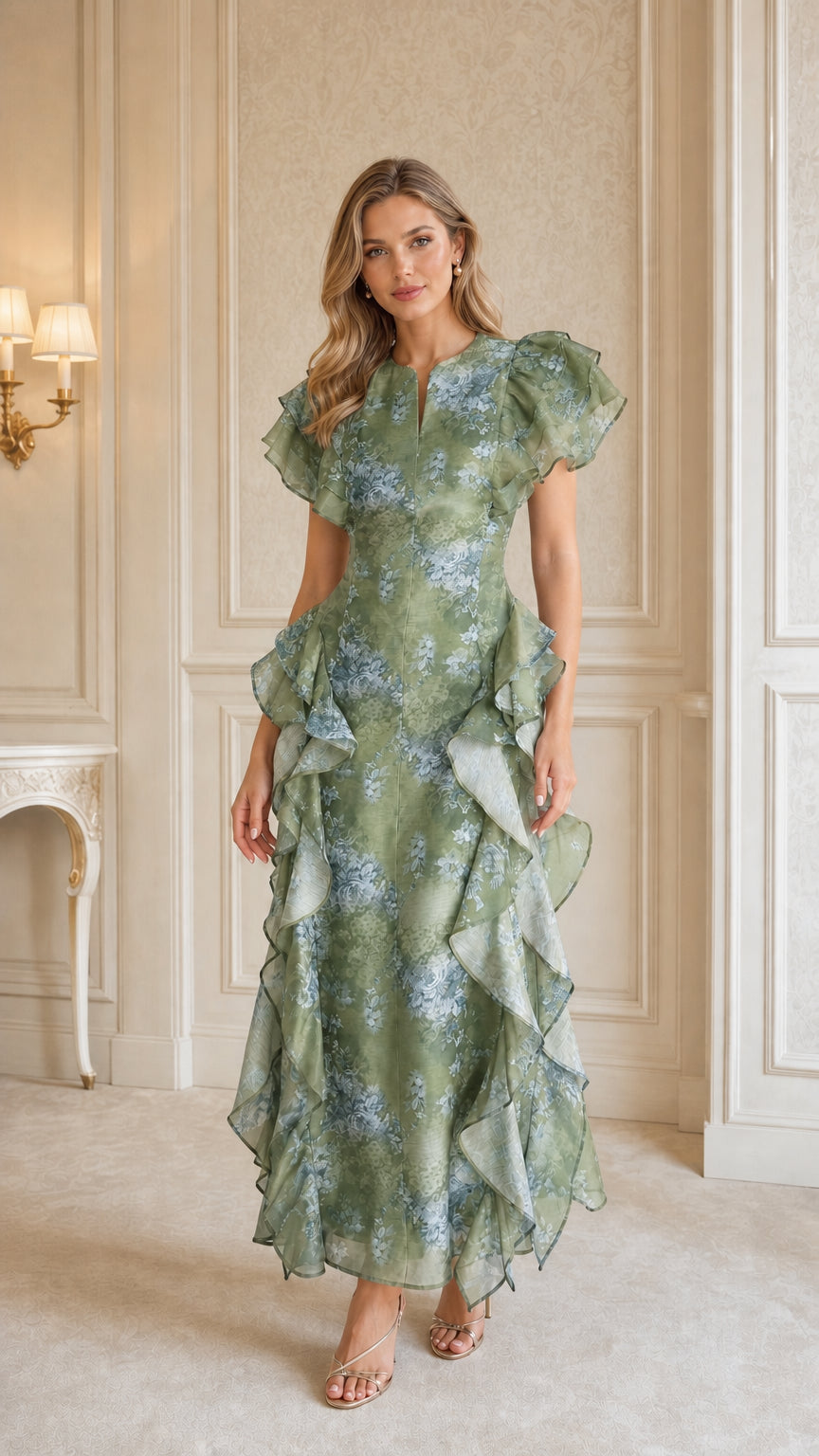 Woman wearing sage green floral ruffle maxi dress