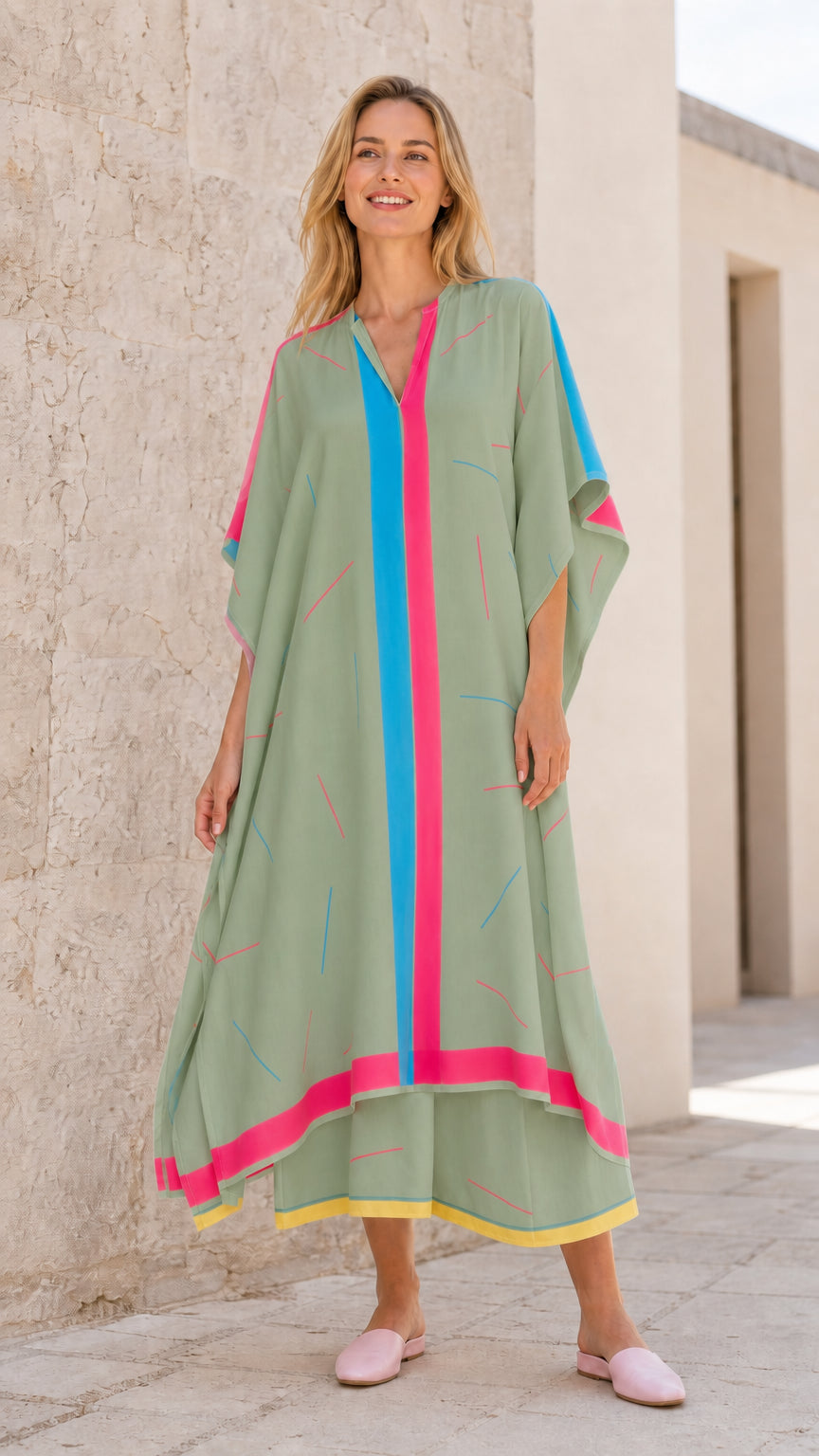 Front view of model wearing green kaftan maxi dress