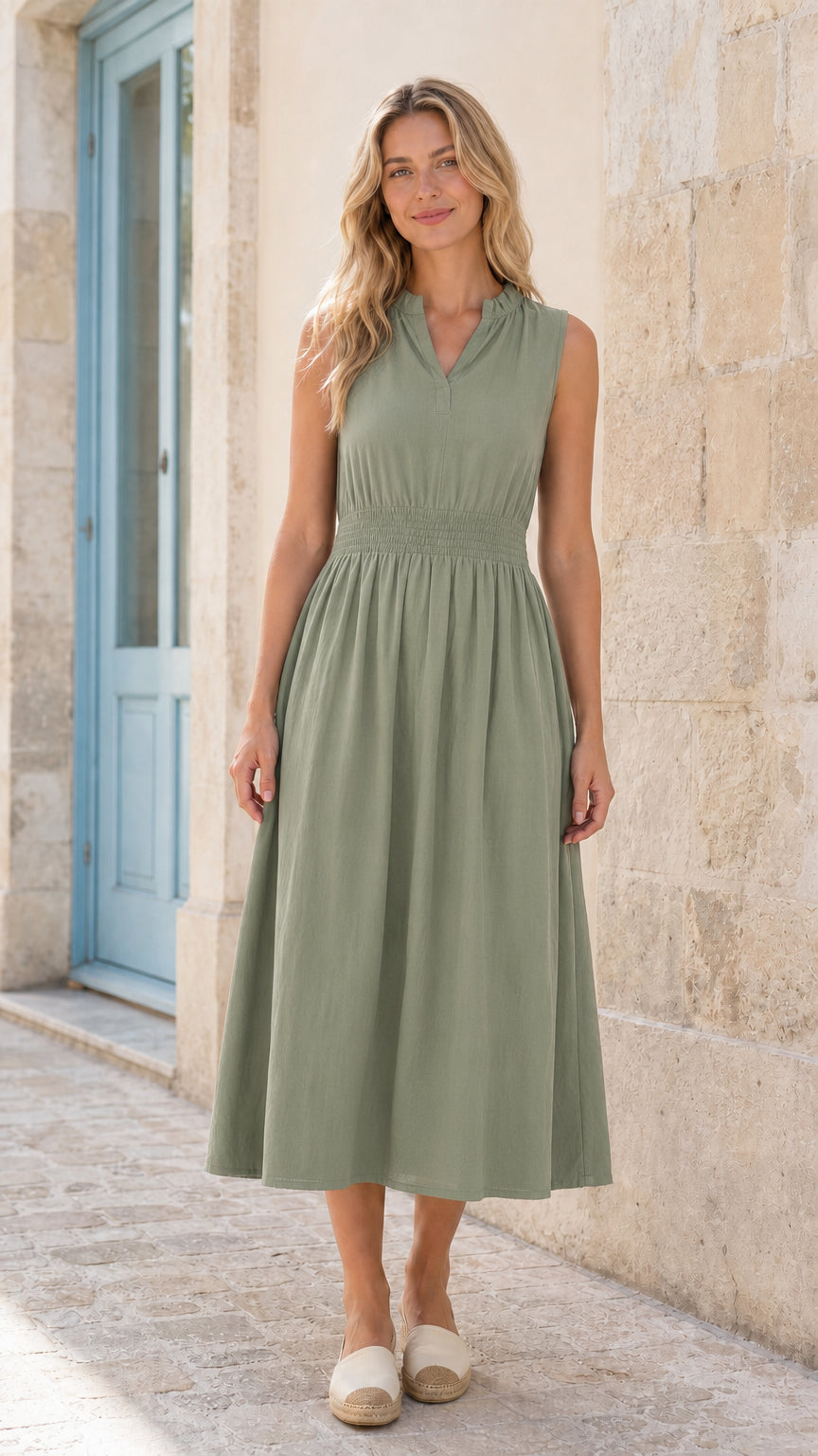 Full front view of woman wearing sage green sleeveless smocked midi dress