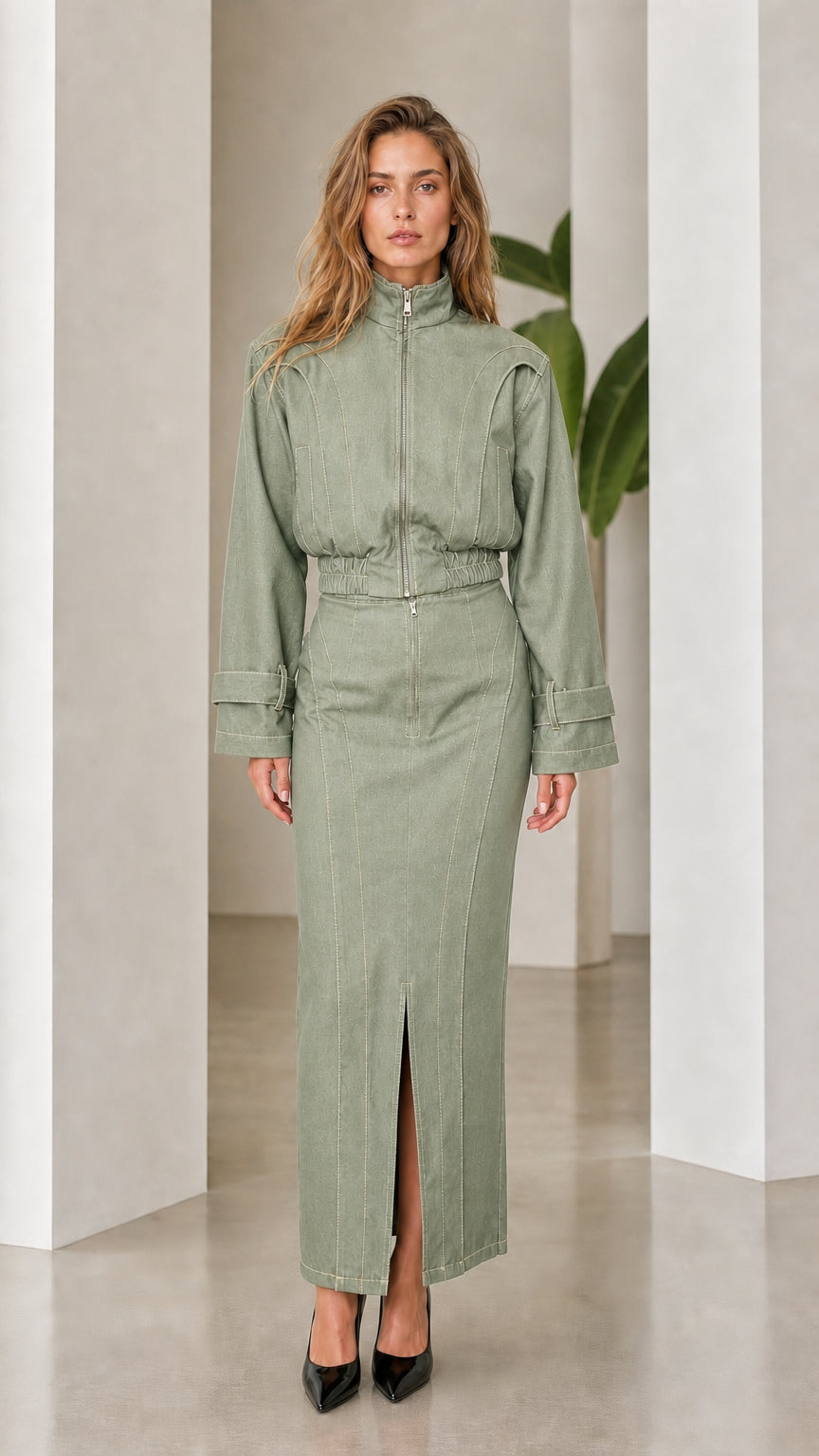 Front view of woman wearing sage green denim two-piece set