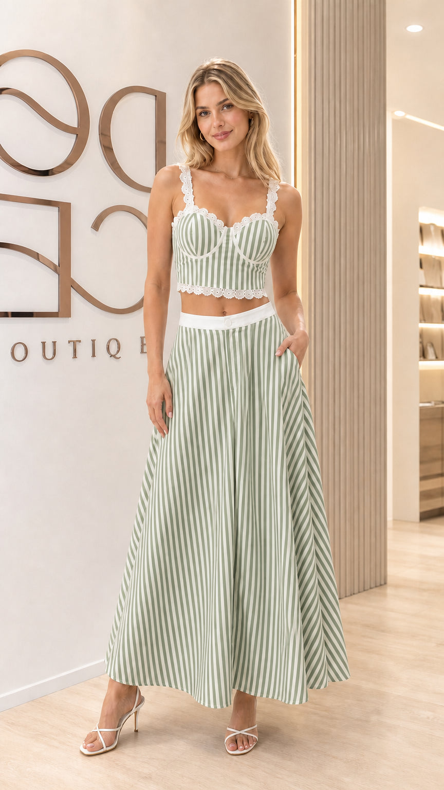 Front view of the sage green striped two-piece maxi skirt outfit