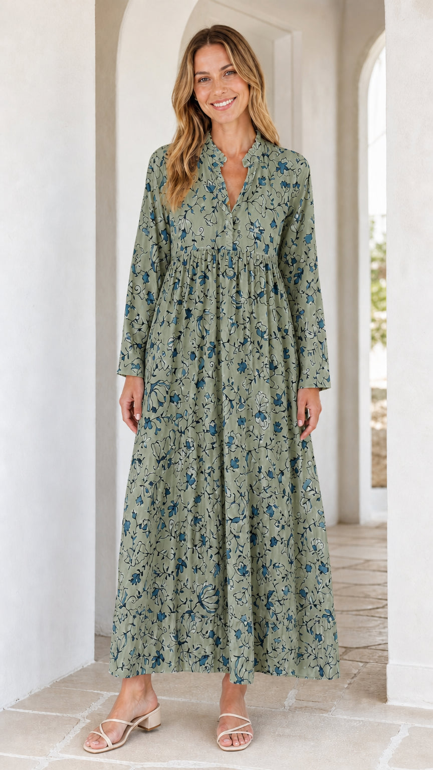 Full view of sage green floral long sleeve maxi dress