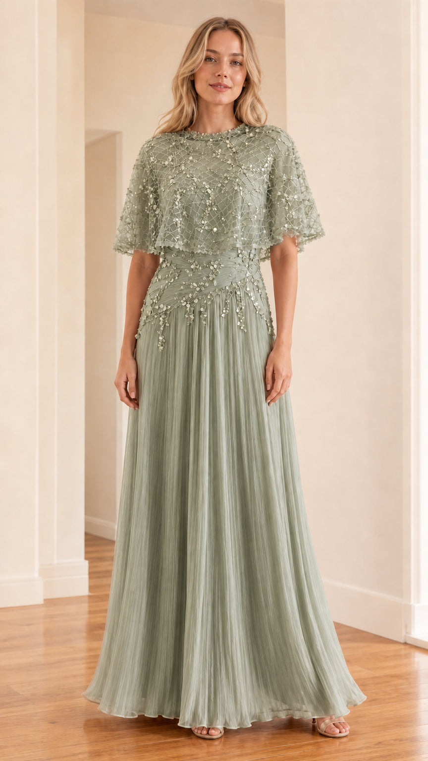 Front view of sage green evening dress with cape overlay and pleated skirt