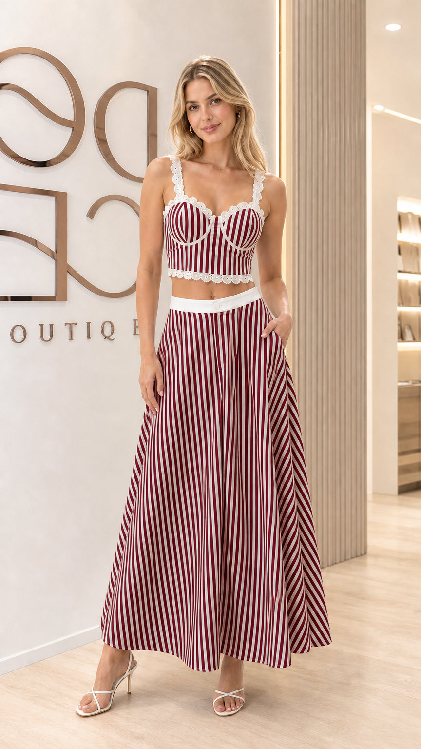 Front view of the burgundy striped lace-trim maxi skirt set
