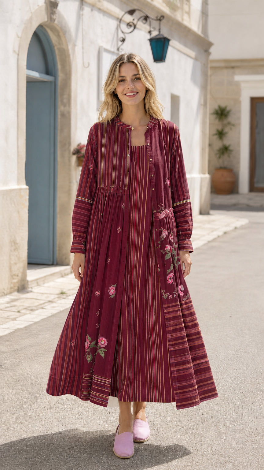 Front view of woman wearing burgundy striped maxi cardigan dress set