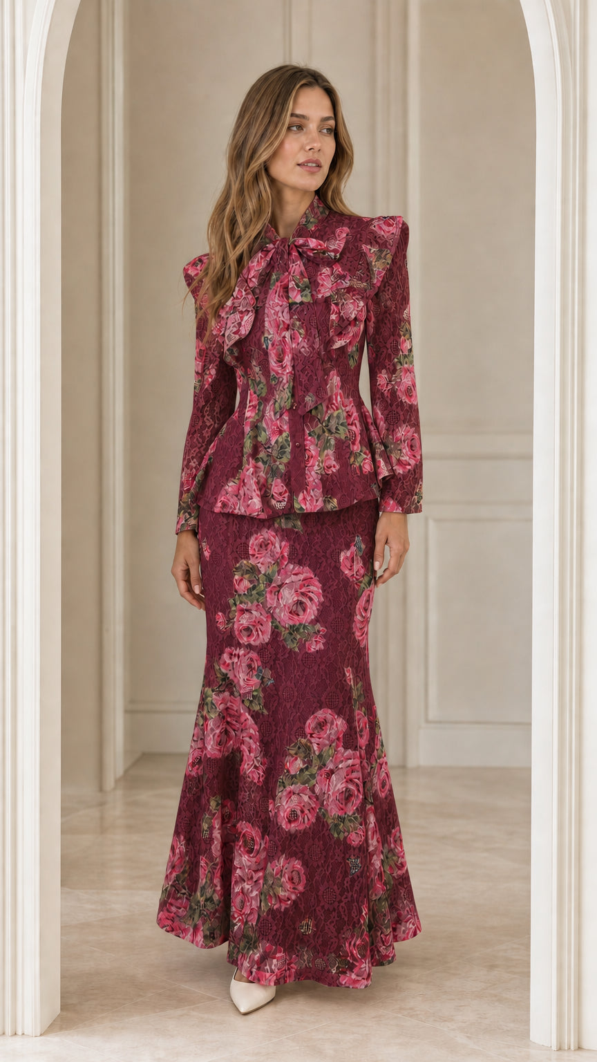 Front view of woman wearing burgundy floral lace two-piece set
